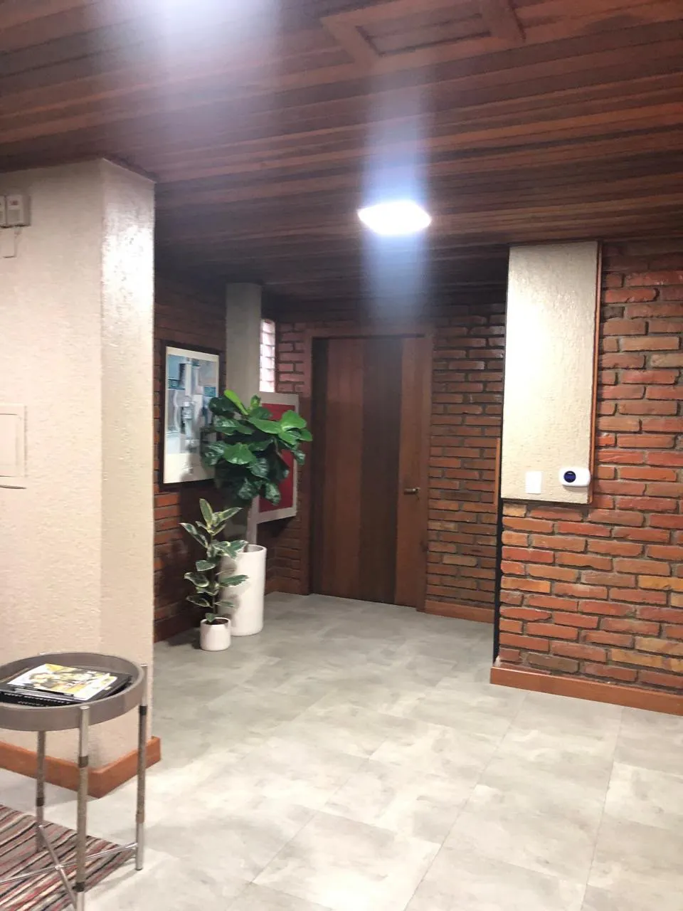 Hall do apartamento com teto de madeira, paredes de tijolo à vista, piso claro, vaso de planta e porta de madeira ao fundo