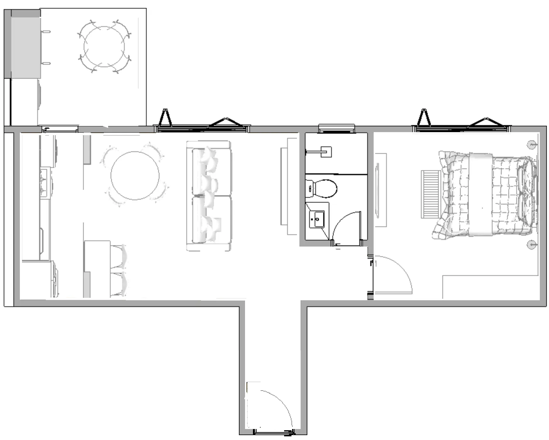 Planta baixa do apartamento vista de cima, com os móveis do projeto: sala com cozinha integrada, mesa redonda e sofá, banheiro, dormitório de casal, corredor de entrada e um ambiente com mesa ao lado da cozinha