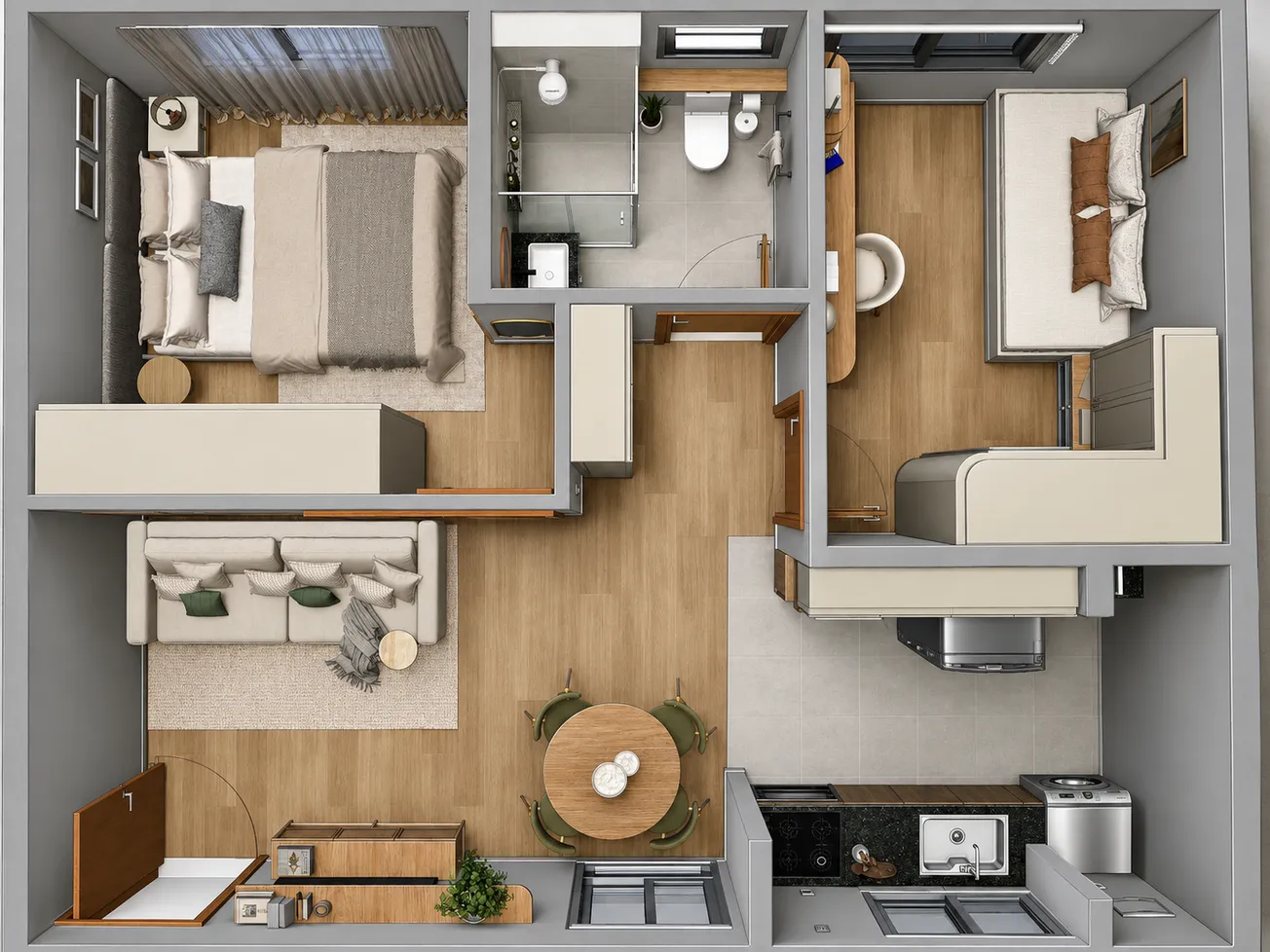 Planta humanizada do apartamento vista de cima: dormitório de casal, banheiro, segundo dormitório com escrivaninha, sala com sofá e mesa redonda, e cozinha