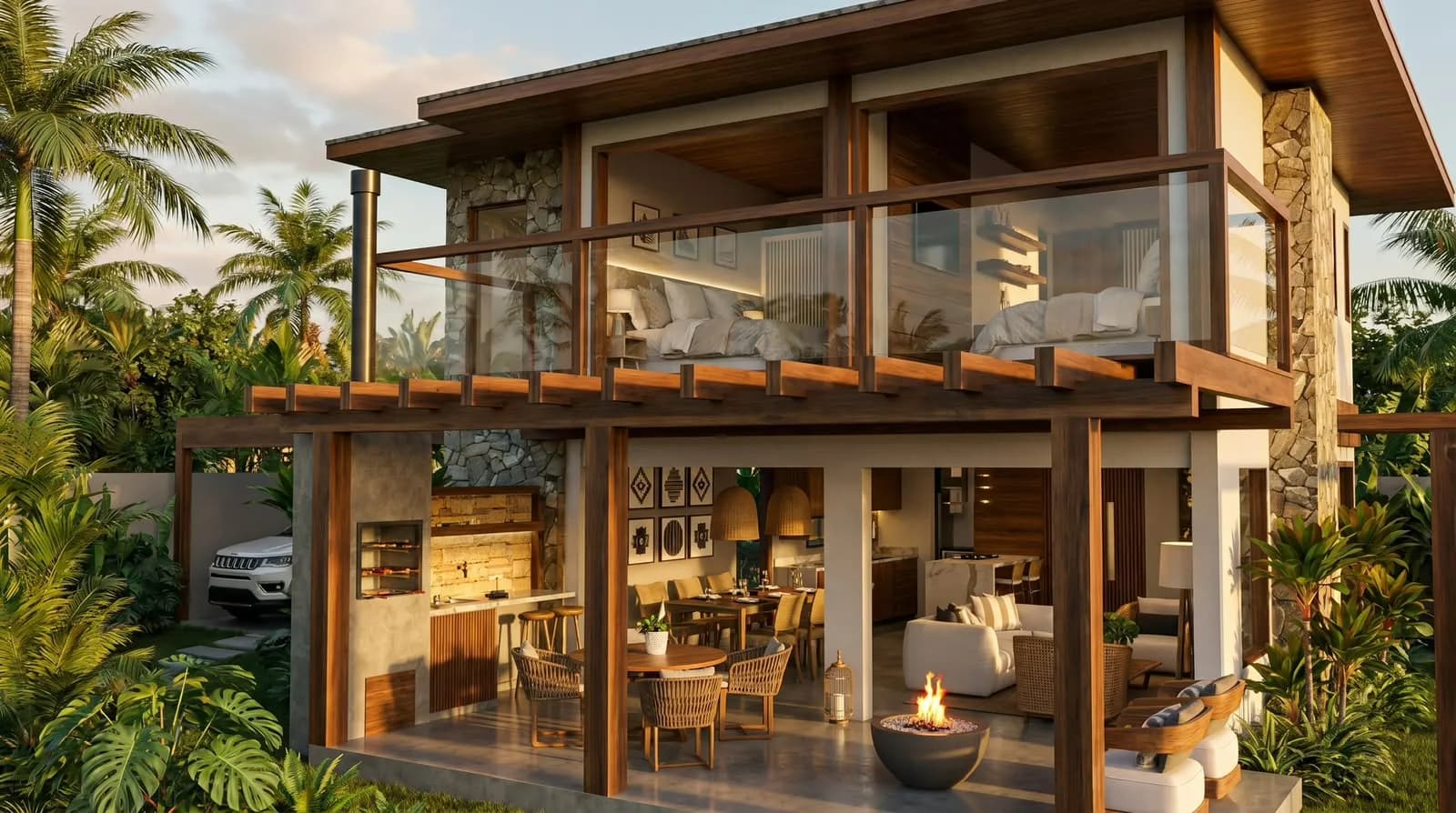 Render da Casa Encantada ao entardecer: sobrado com pilar de pedra, quartos com guarda-corpo de vidro no andar de cima e varanda aberta com mesa, sofás e fogo de chão embaixo, cercado de palmeiras